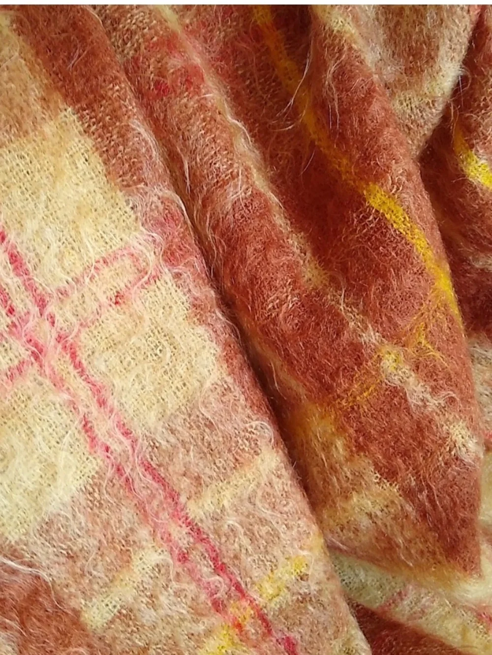 Vintage Mohair Plaid Hand-loomed in Scotland<Rust, Mustard & Cream Throw Blanket